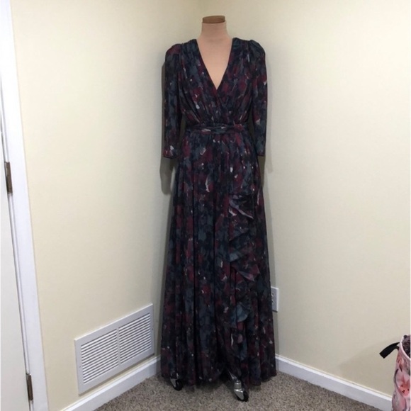 Badgley Mischka Pleated Floral Gown Size 12 Gray Black Burgundy - Picture 2 of 12